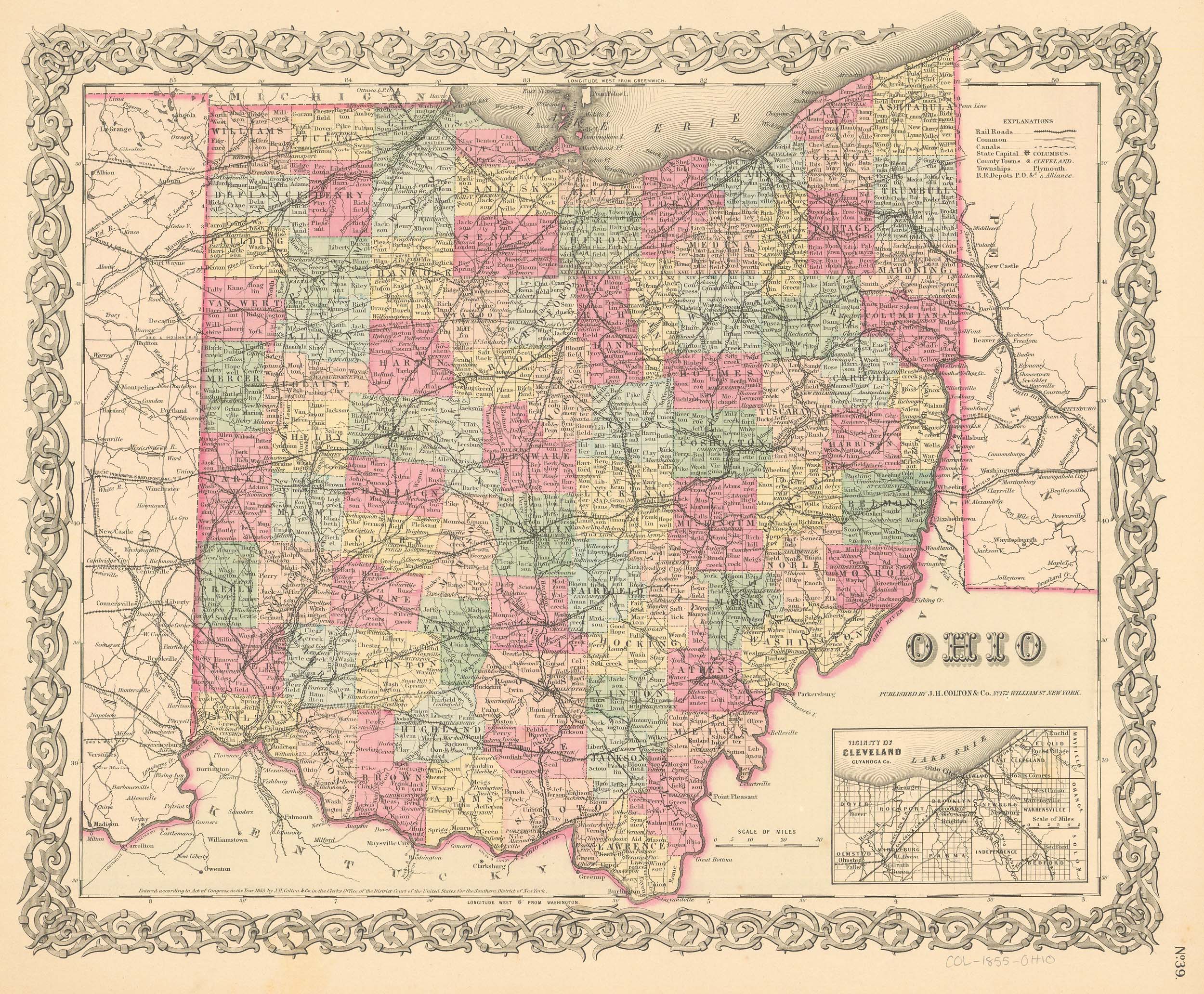 J.H. Colton's 1855 Map of Ohio - Art Source International