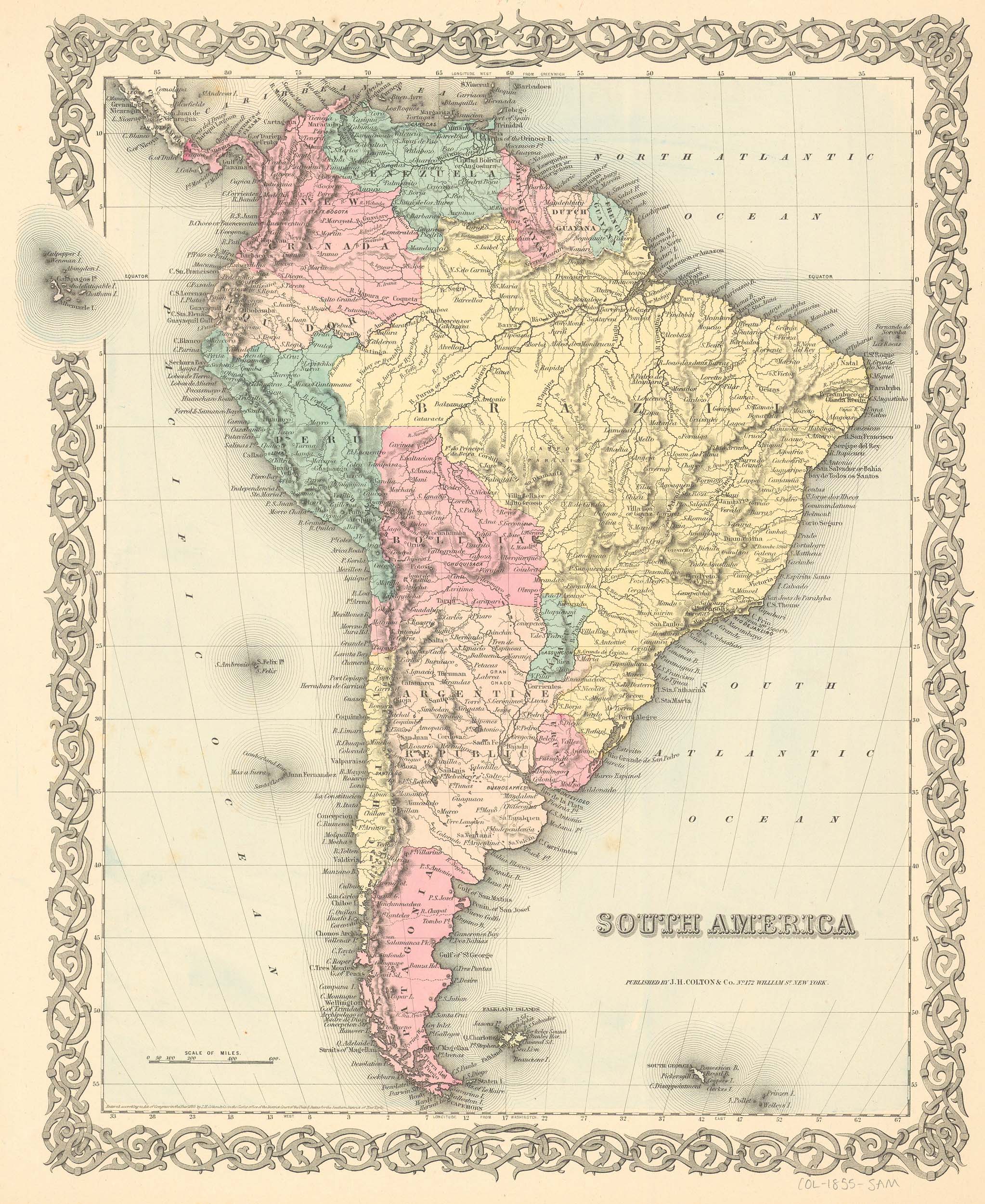 J.H. Colton's 1855 Map of South America - Art Source International