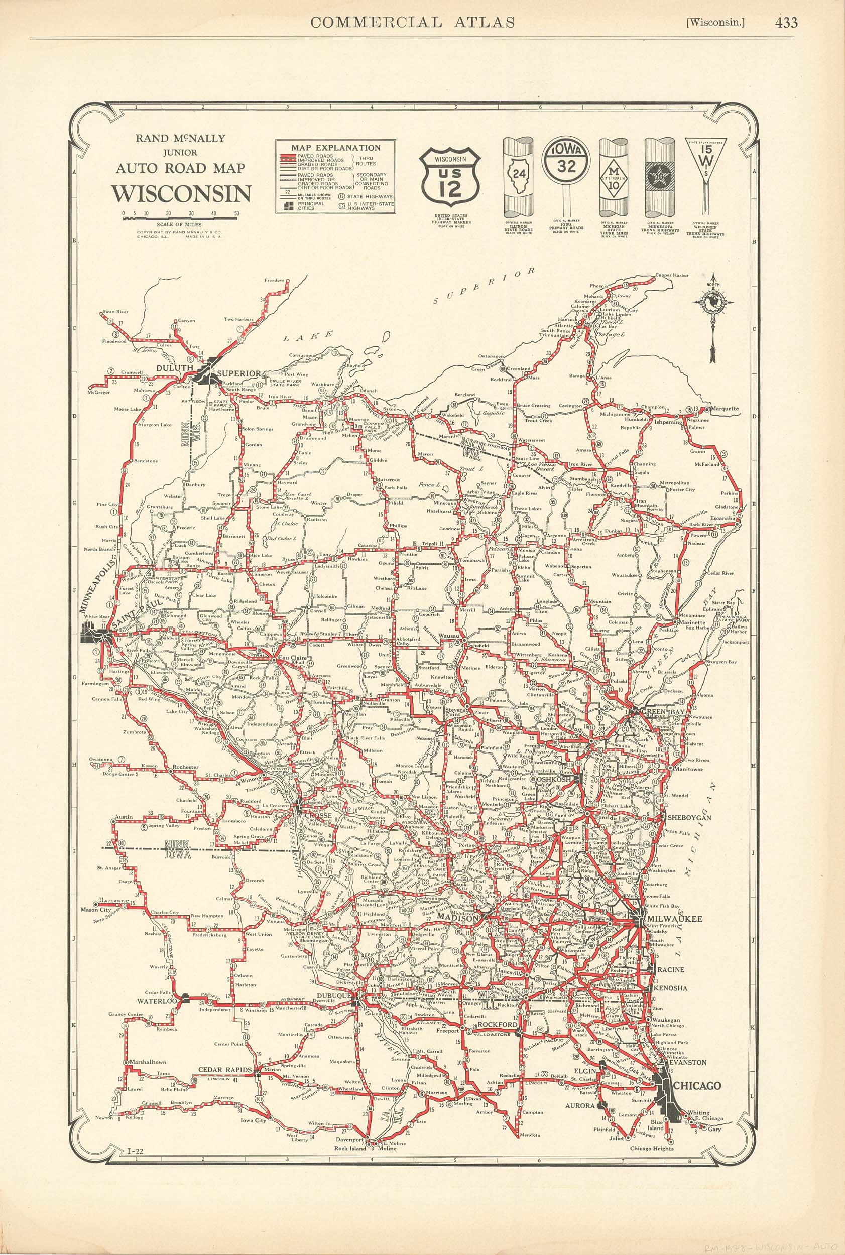 McNally's 1928 Auto Road Map of Wisconsin - Art Source International