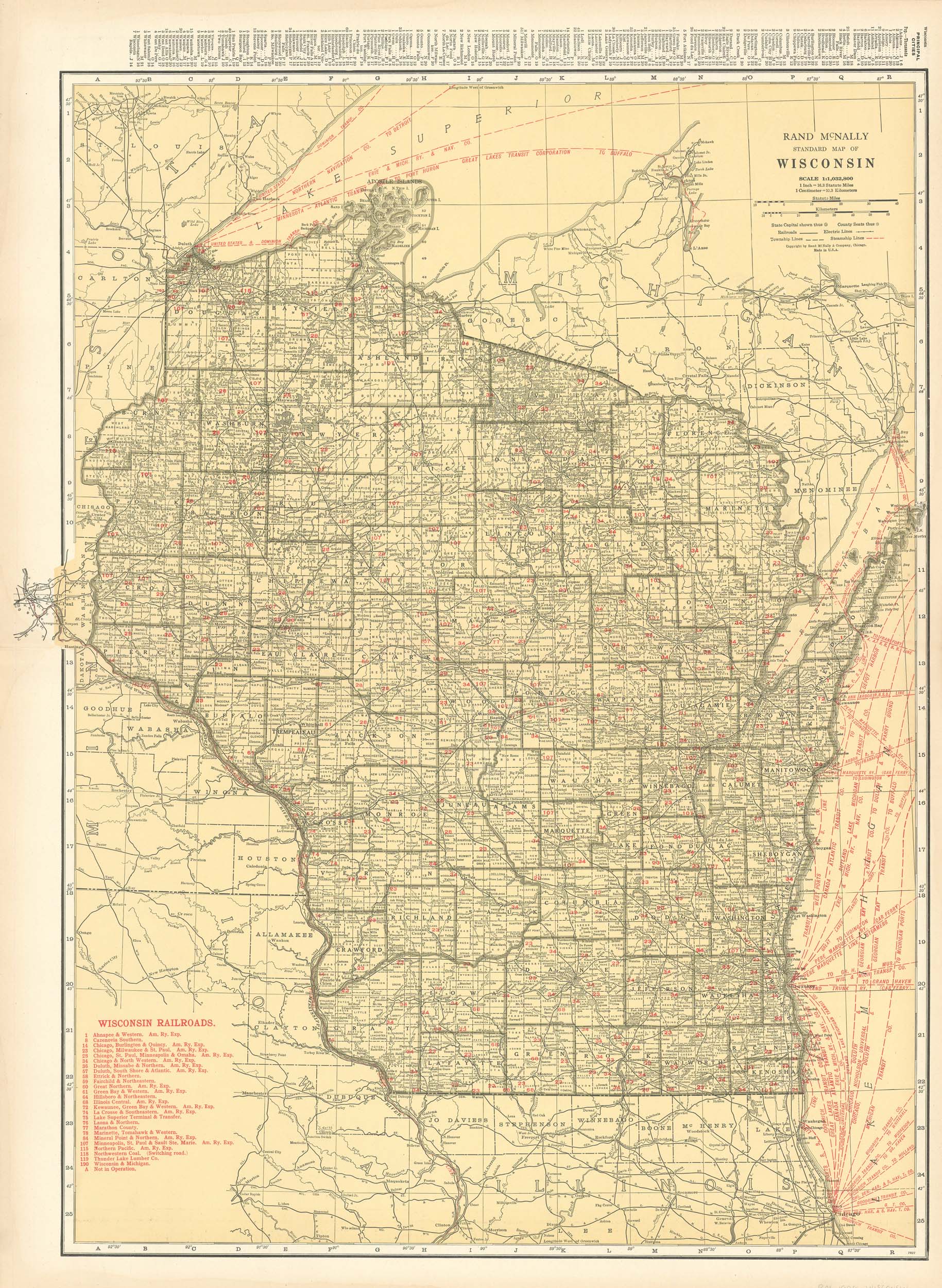 McNally's 1928 Map of Wisconsin - Art Source International