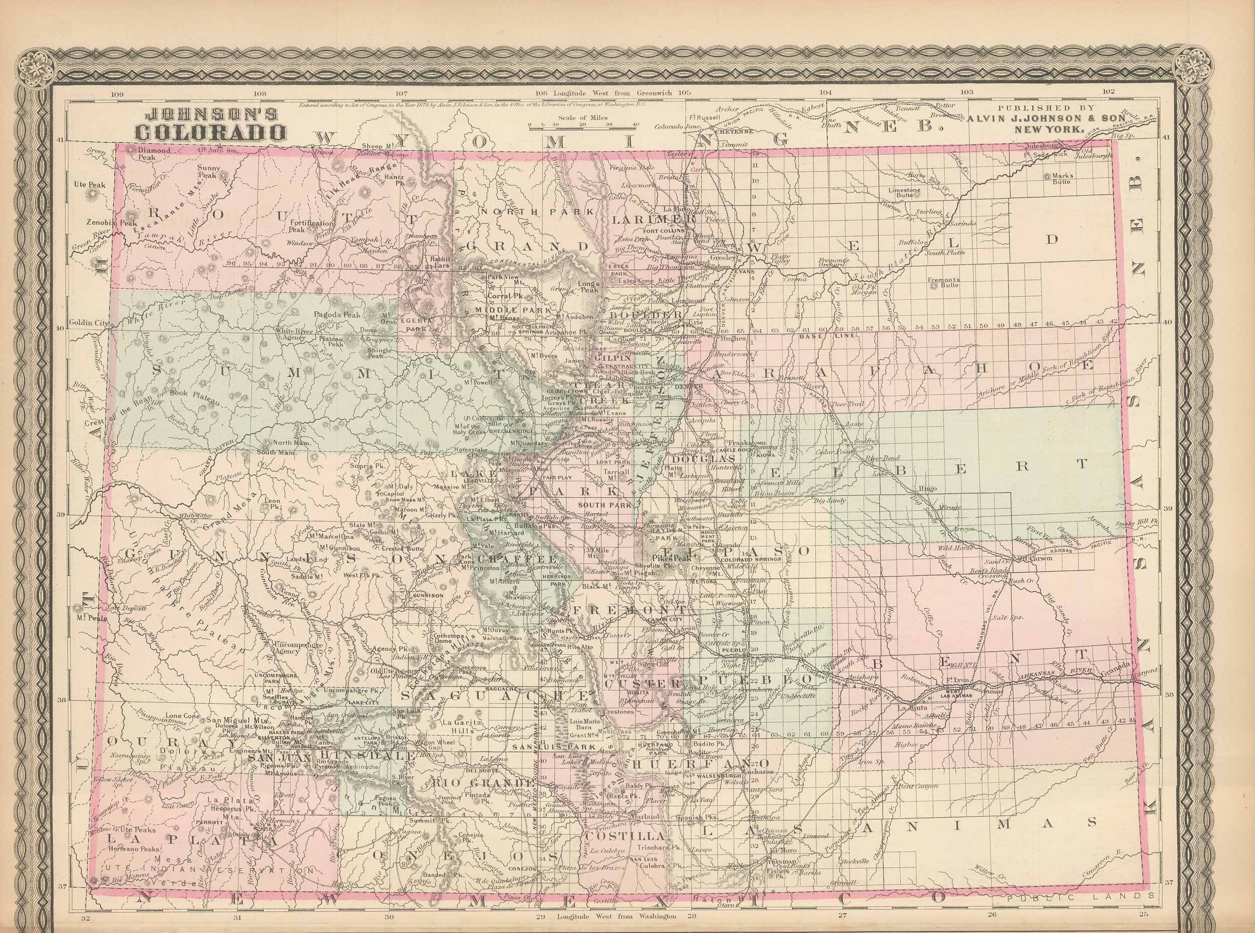 Johnson's 1880 Map of Colorado - Art Source International