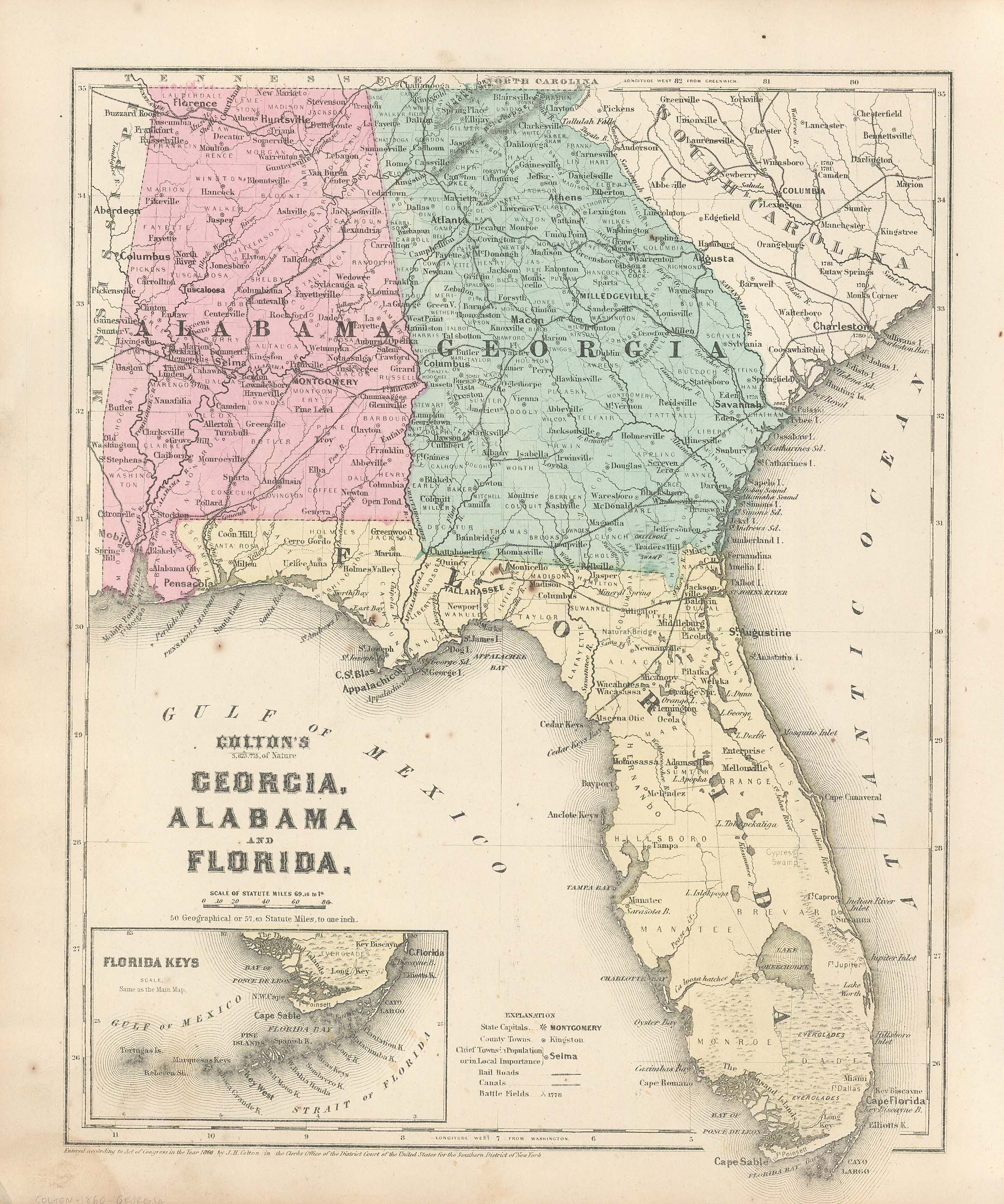 Colton's 1860 Map of Georgia, Alabama, and Florida - Art Source ...