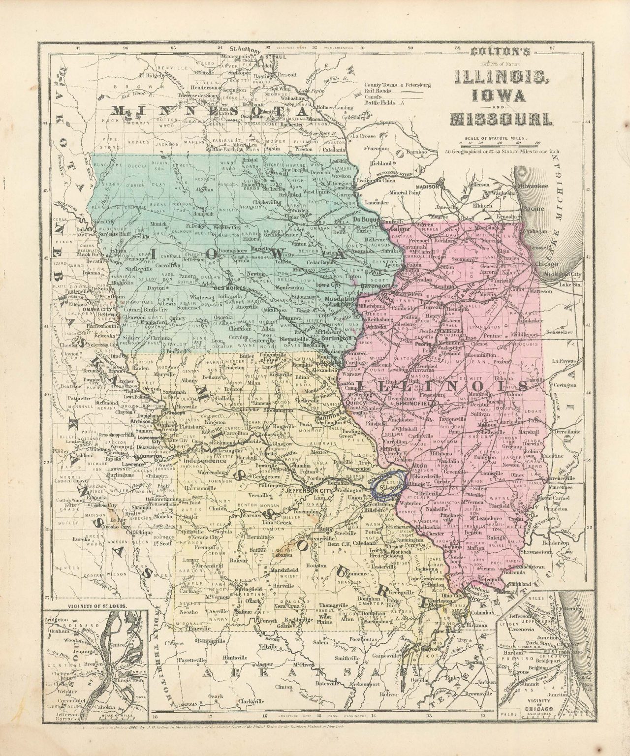 Colton's 1860 Map of Illinois, Iowa, and Missouri with inset Map of St ...