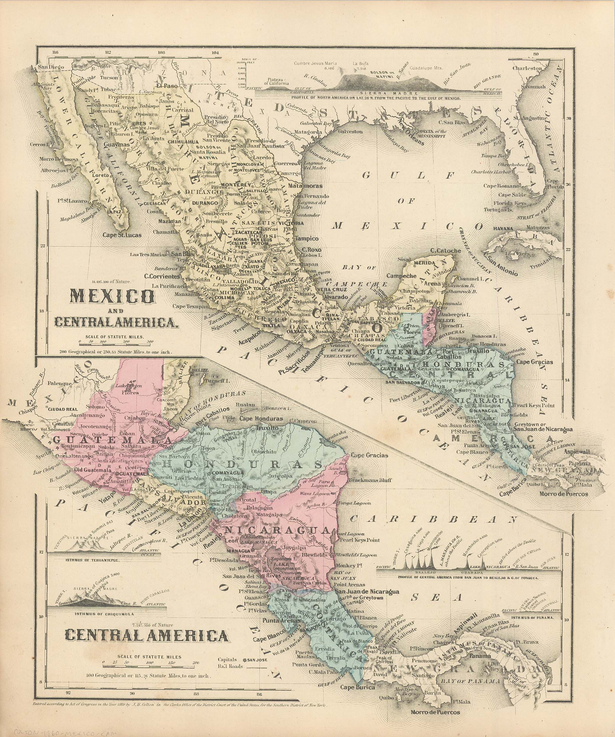 Colton's 1860 Physical Map of Mexico and Central America - Art Source ...