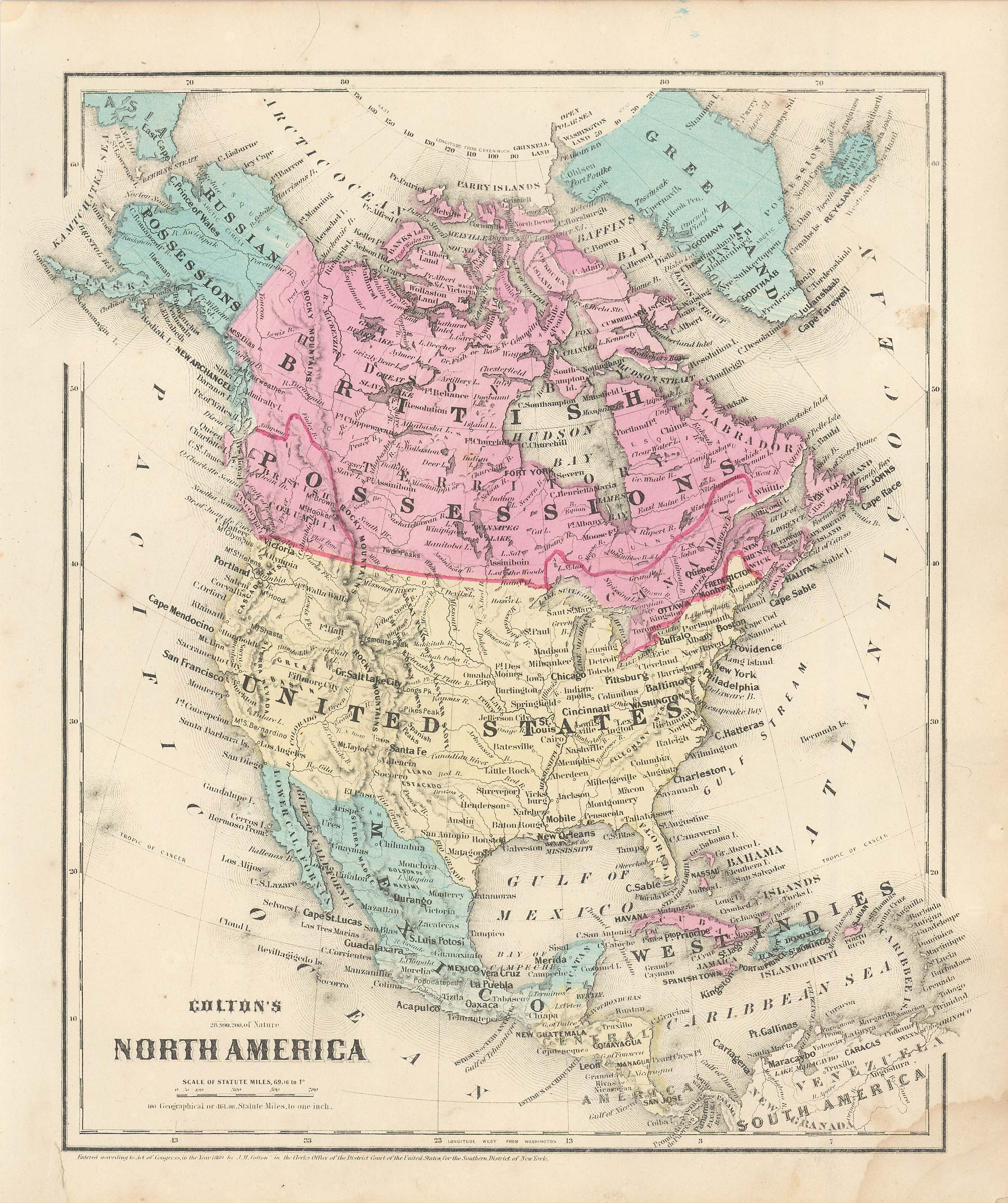 Colton's 1860 Map of North America - Art Source International