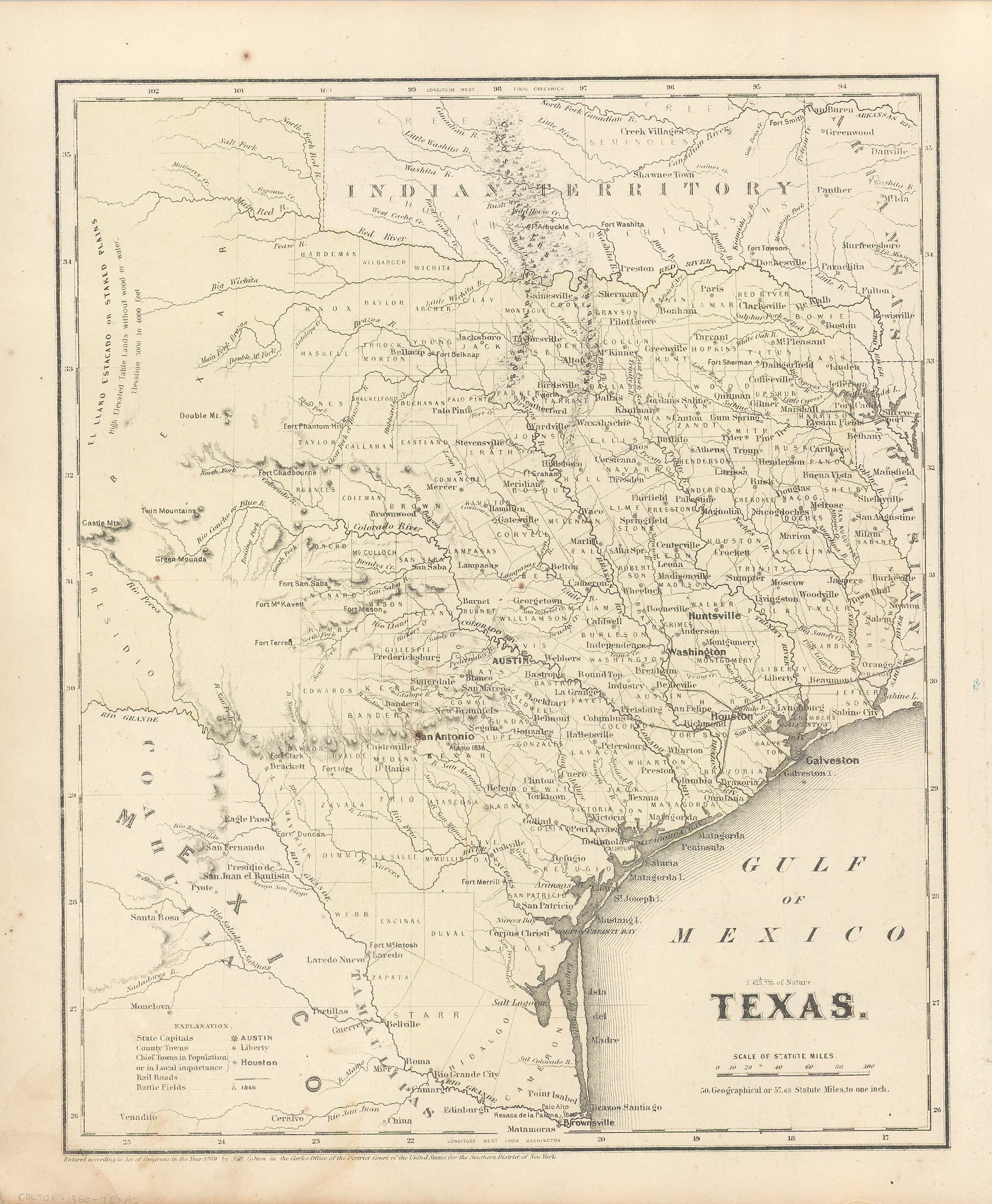 Colton's 1860 Map of Texas - Art Source International