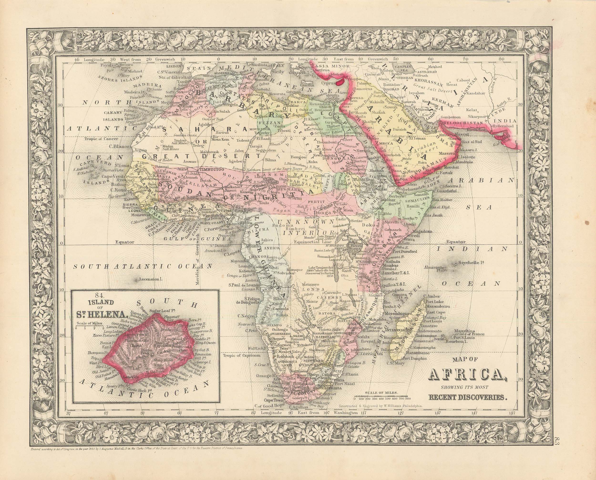 Mitchell's 1865 Map of Africa with inset Map of the Island St. Helena ...