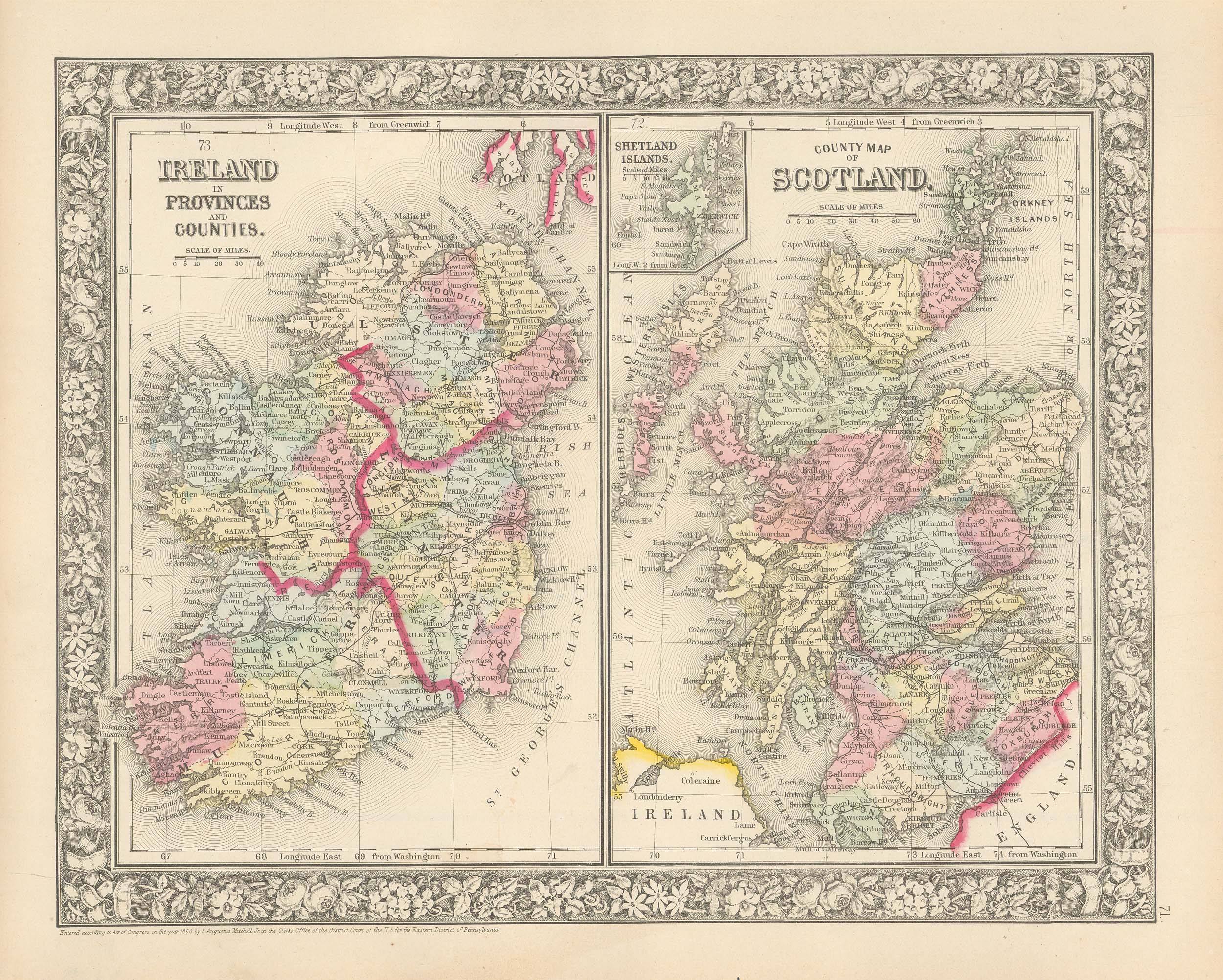 Mitchell's 1865 Map of Ireland in Provinces and Counties and the County ...