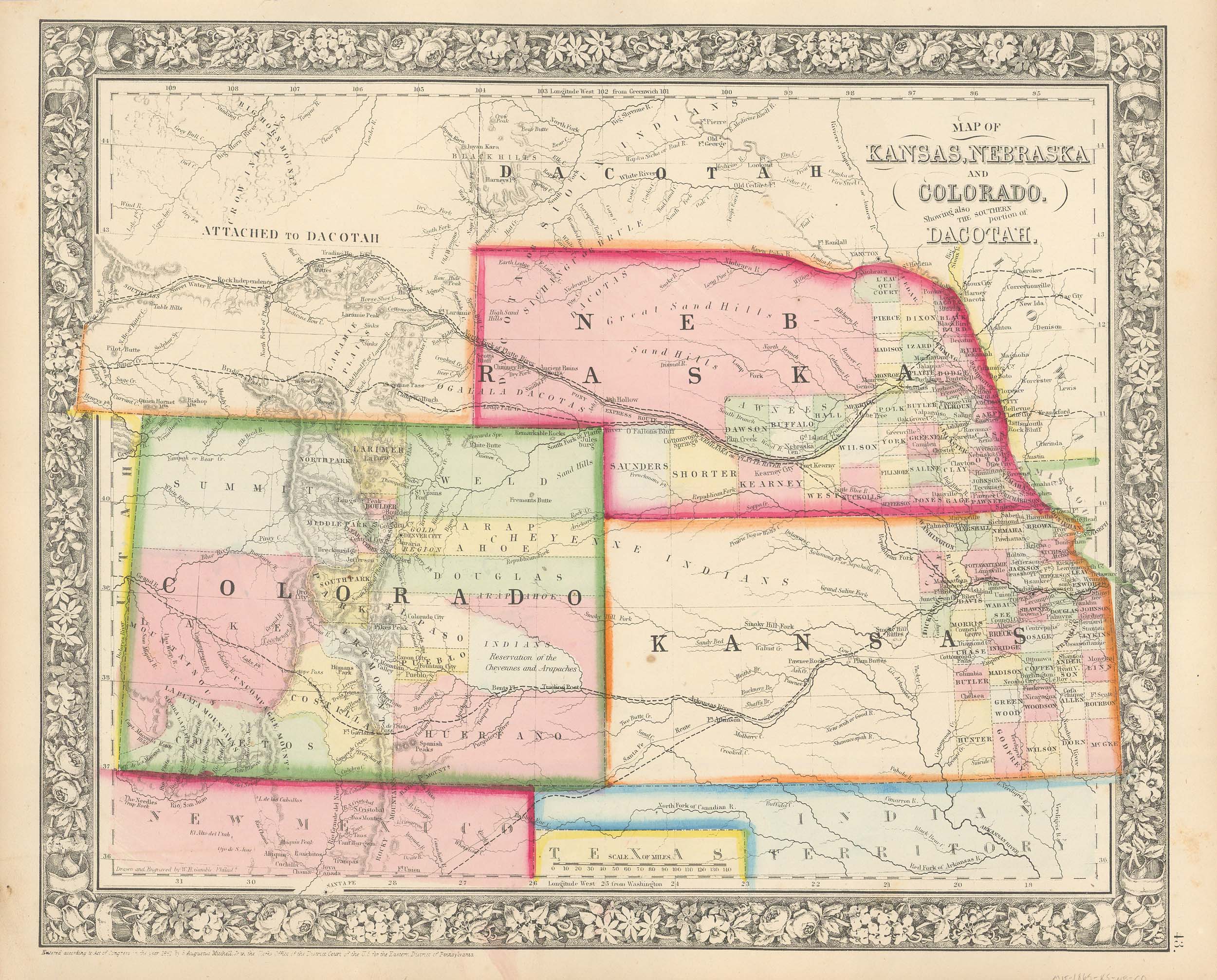 Mitchell's 1865 Map of Kansas, Nebraska, Colorado, and the Southern ...