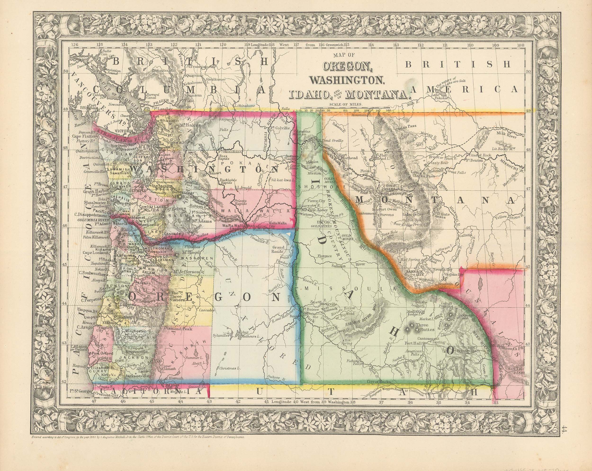 Mitchell's 1865 County Map of Oregon, Washington, Idaho, and part of ...