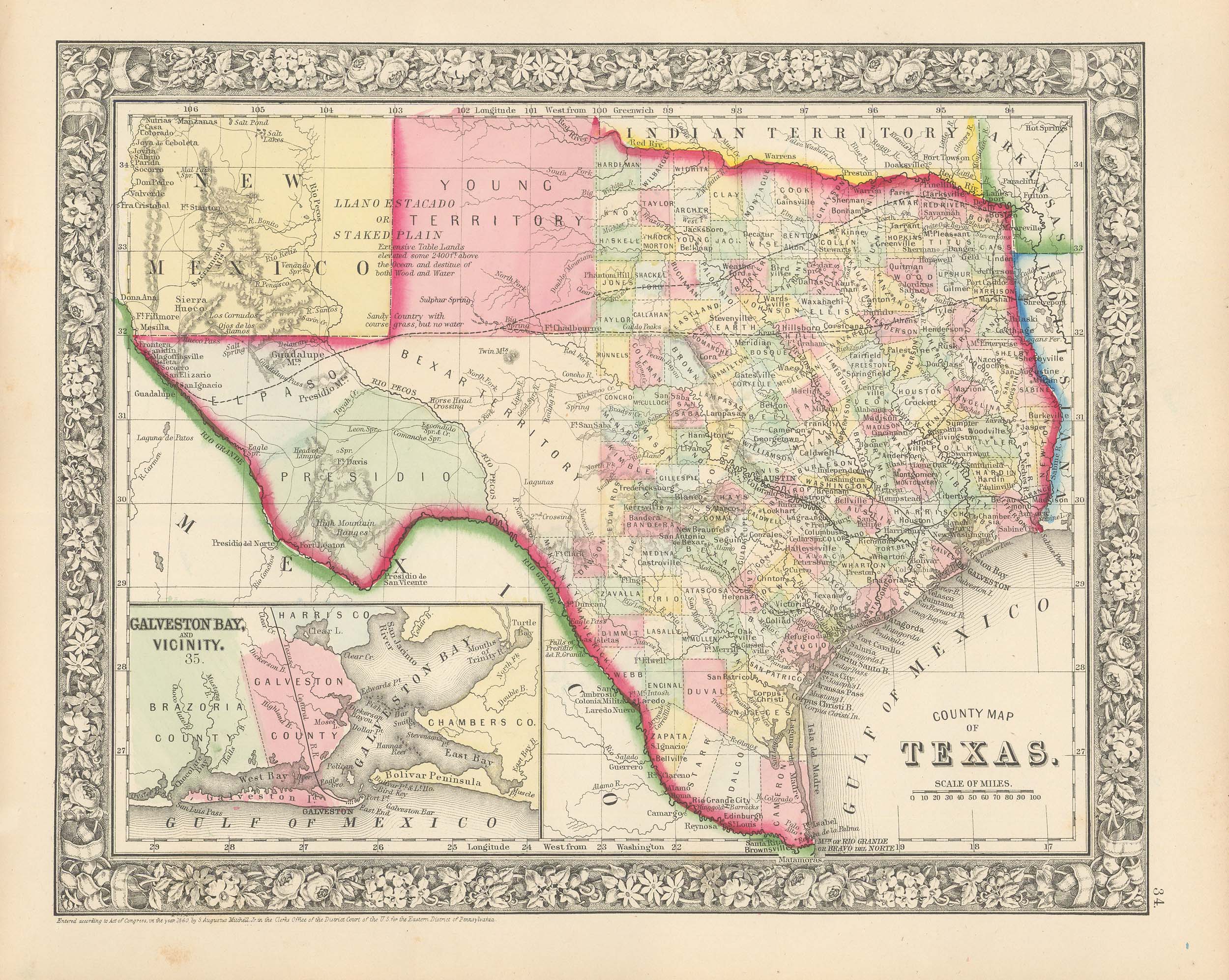 Mitchell's 1865 County Map of Texas - Art Source International