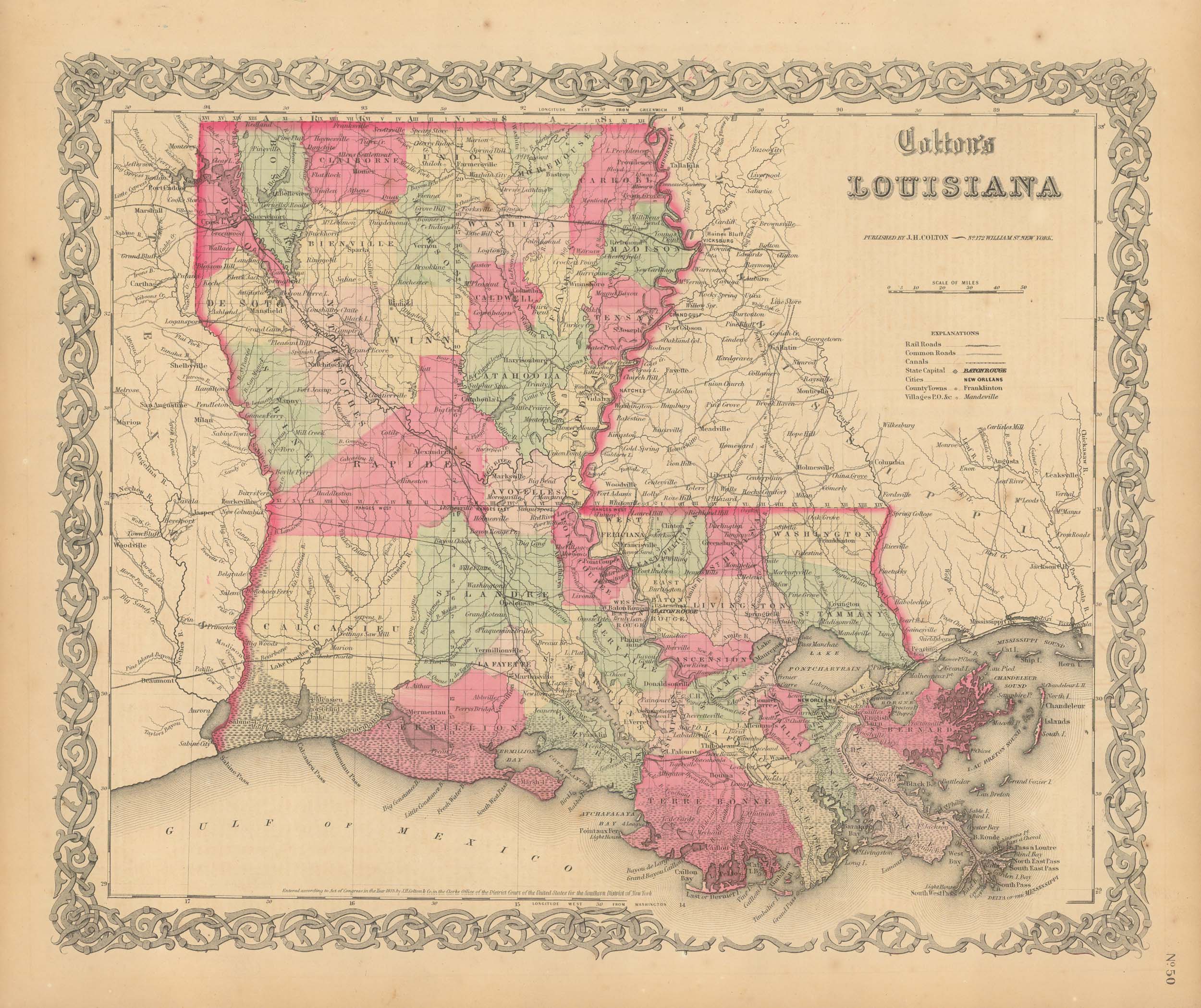 Colton's 1865 Map of Louisiana - Art Source International